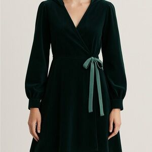 ZARA‎ Velvet Mini Dress Wmns Size Small Green Hooded Robe Balloon Sleeves V Neck